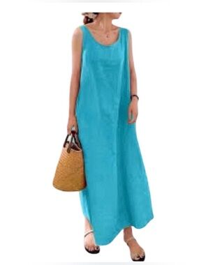 J. Jill Aquq Blue 100% Linen Sleeveless Summer Flowy Airy Maxi Dress Size XL